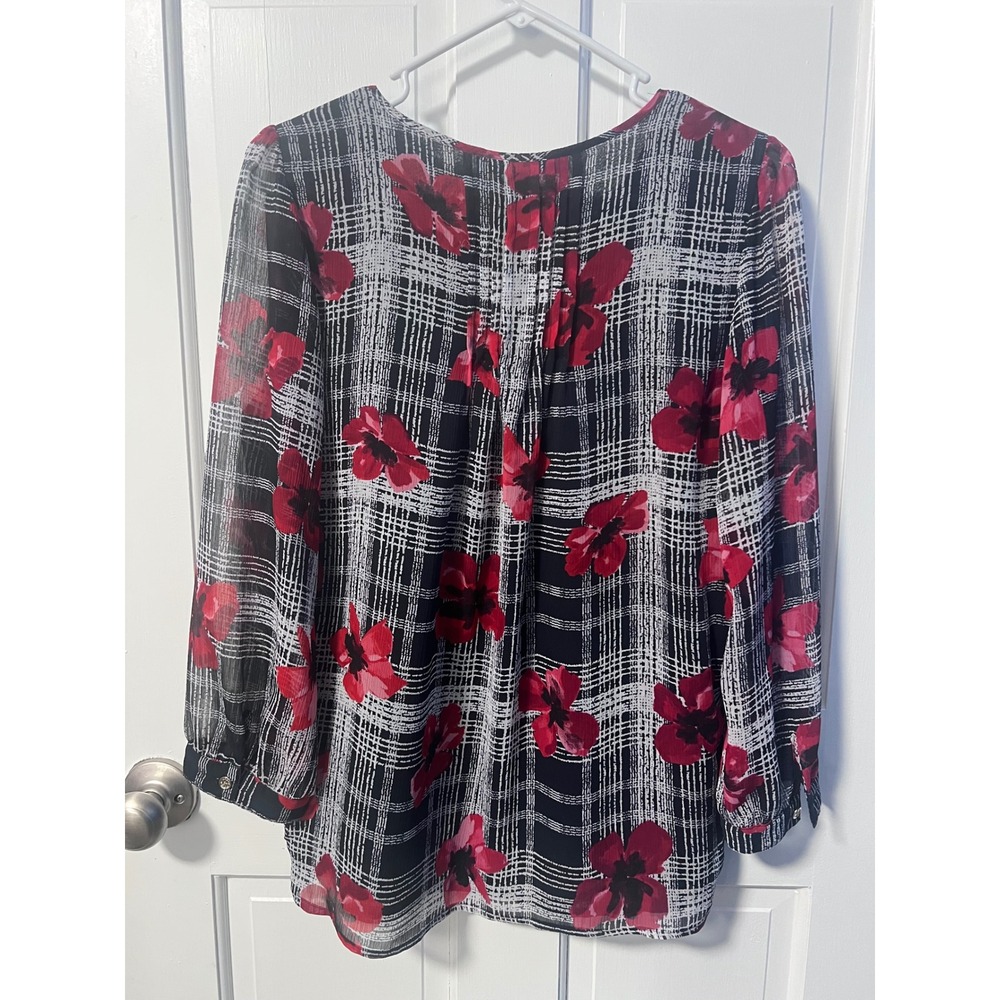 Tommy Hilfiger Blouse Womens M Red Black Floral Plaid Exc - Picture 3 of 7
